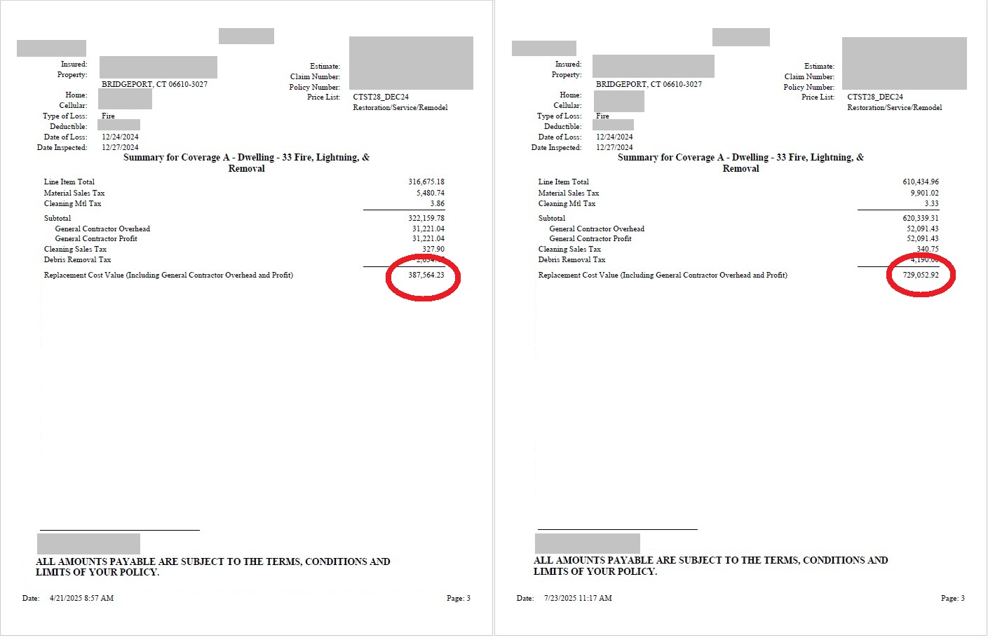 Side-by-side comparison showing fire claim in Bridgeport CT: initial estimate of $387,564 versus final recovery of $729,053